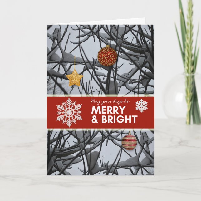 Christmas Ornaments on Snowy Branches Holiday Card (Front)
