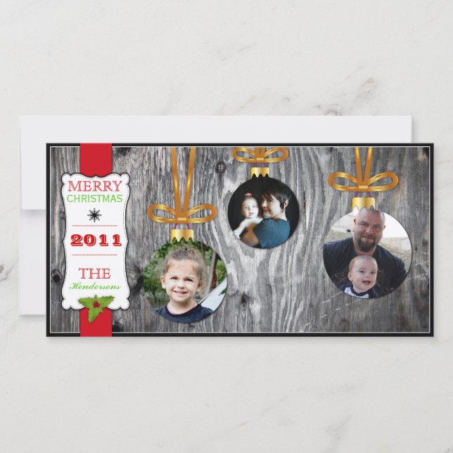 Christmas Ornaments on Wood Holiday Photocard (Front)