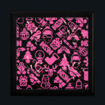 Christmas ornaments pattern.pink.07 Black BG Gift Box<br><div class="desc">Christmas ornaments pattern in pink, get into the mood for the holidays. This image showcases a vibrant and festive Christmas pattern featuring a variety of pink icons set against a transparent background. The icons depict classic Christmas symbols, including ornaments, candy canes, a snowman, a reindeer, Santa Claus, a stocking, a...</div>