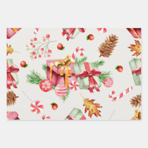 Christmas ornaments pinecones candy canes wrapping paper sheets
