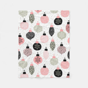Christmas Ornaments Pink & Green White Background Fleece Blanket