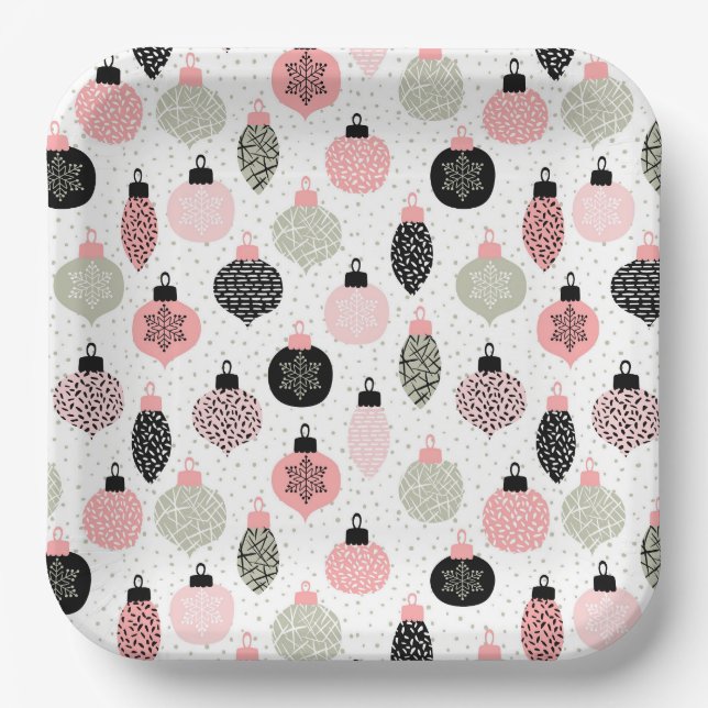 Christmas Ornaments Pink & Green White Background Paper Plates (Front)