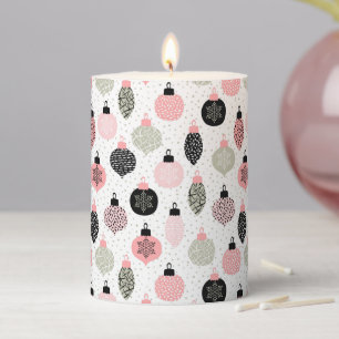 Christmas Ornaments Pink & Green White Background Pillar Candle
