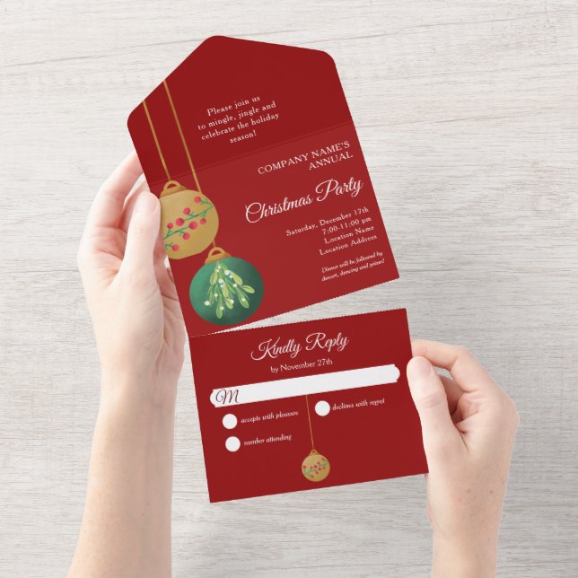 Christmas Ornaments Red Company Holiday Party All In One Invitation (Tearaway)