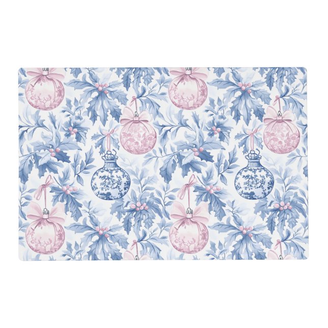 Christmas ornaments soft blue pink toile placemat (Front)