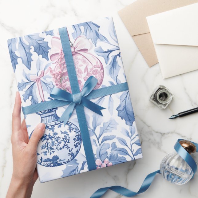 Christmas ornaments soft blue pink toile  wrapping paper (Gifting)