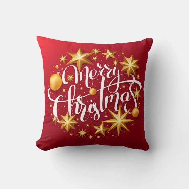 Christmas Ornaments Sparking Star Typography Red Throw Pillow (Front)