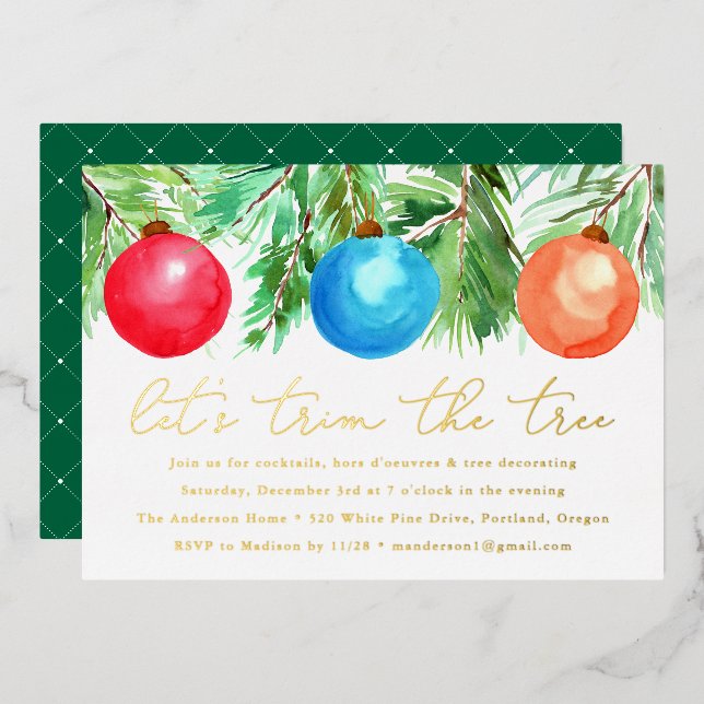 Christmas Ornaments Tree Trimming Party Foil Invitation (Front/Back)