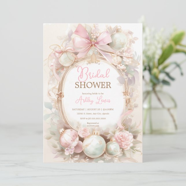 Christmas ornaments, Wiinter pink bridal shower Invitation (Standing Front)