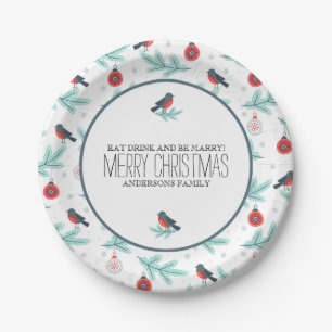 Christmas Ornaments Winter Foliage & Birds Pattern Paper Plates