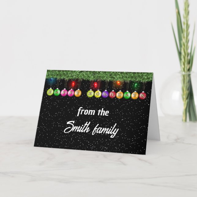 Christmas Ornaments With Lights and Snowflakes Holiday Card (Front)