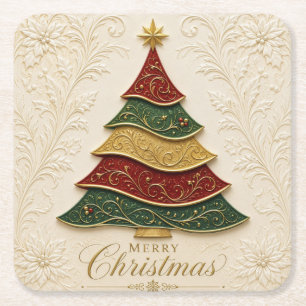 Christmas Ornate Gold Enamel Tree Square Paper Coaster