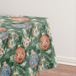 Christmas Ornate Ornaments Of Jewels On Pine Tablecloth