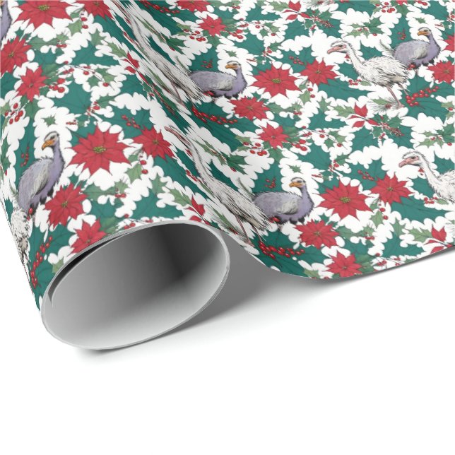 Christmas Ostriches And Poinsettias Wrapping Paper (Roll Corner)