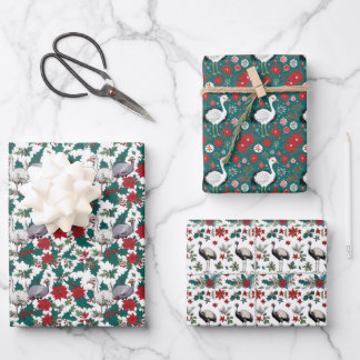 Christmas Ostriches And Poinsettias Wrapping Paper Sheets