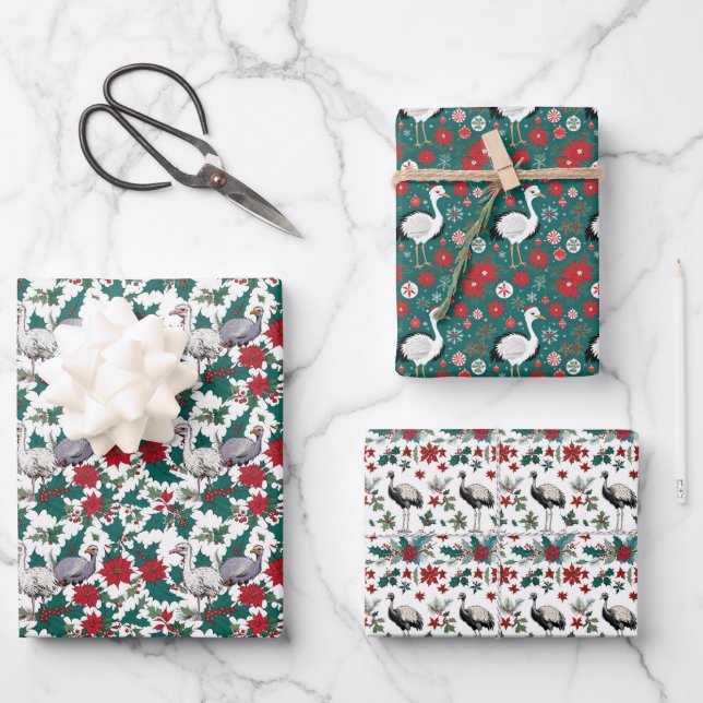 Christmas Ostriches And Poinsettias Wrapping Paper Sheets (Front)