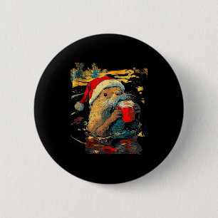Christmas Otter Drinks Coffee Art Print Button
