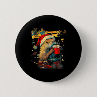 Christmas Otter Drinks Coffee Art Print  Button