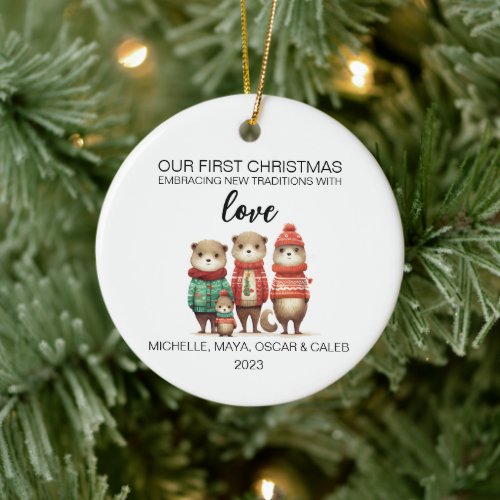 Christmas Otter Family of Four Ceramic Ornament