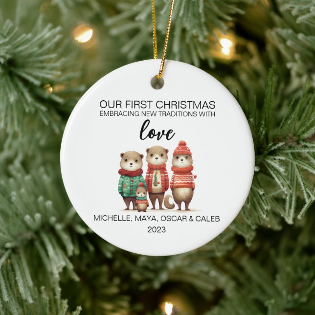 Christmas Otter Family of Four Ceramic Ornament (Tree)