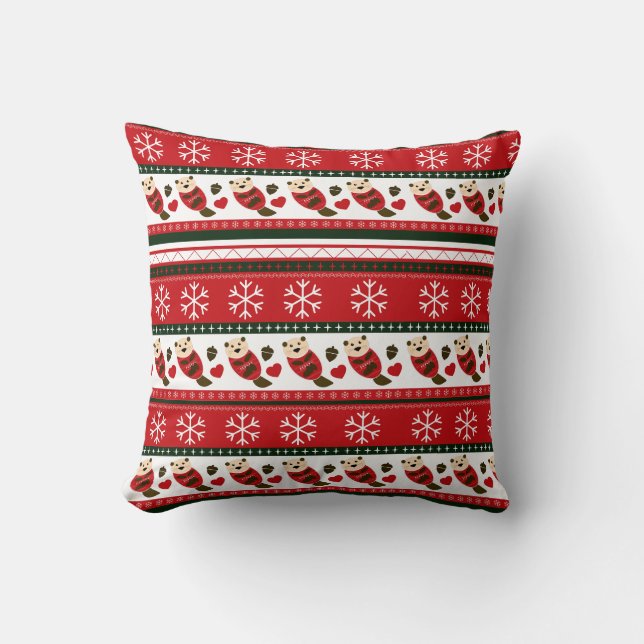 Christmas Otter Ugly Sweater Pattern Throw Pillow (Front)