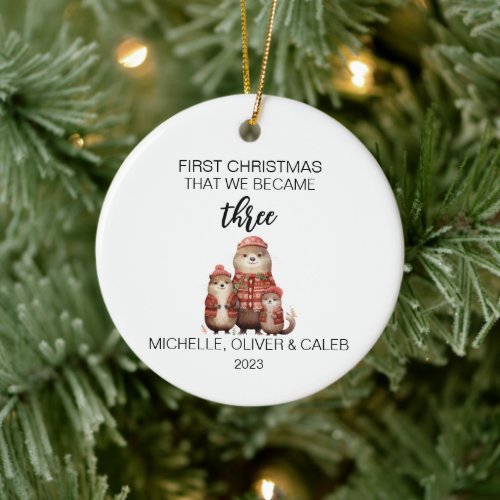 Christmas Otters Family of Three Ceramic Ornament