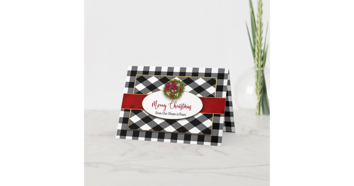 Christmas Our Home to Yours Black Plaid Wreath Card | Zazzle