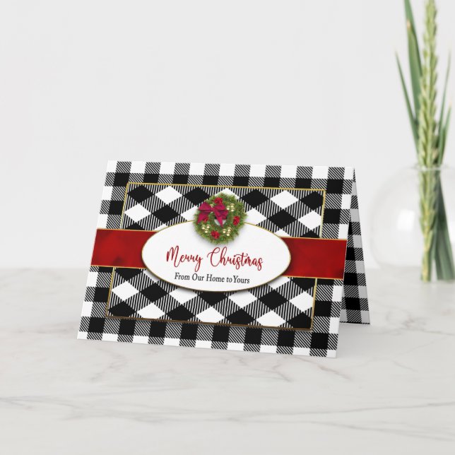 Christmas Our Home to Yours Black  Plaid Wreath Card (Front)