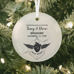 Christmas Outdoor Heart Wings Couple Engagement Glass Ornament