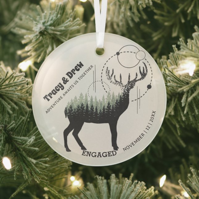 Christmas Outdoor Pine Tree Deer Couple Engagement Glass Ornament (Insitu)