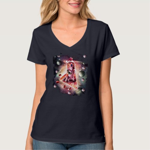 Christmas Outer Space Galaxy Dog Riding Pizza Xmas T_Shirt