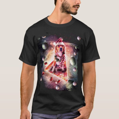 Christmas Outer Space Galaxy Dog Riding Pizza Xmas T_Shirt