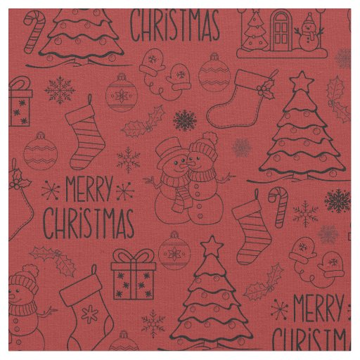 Christmas Outlines on Fire Brick Red Fabric