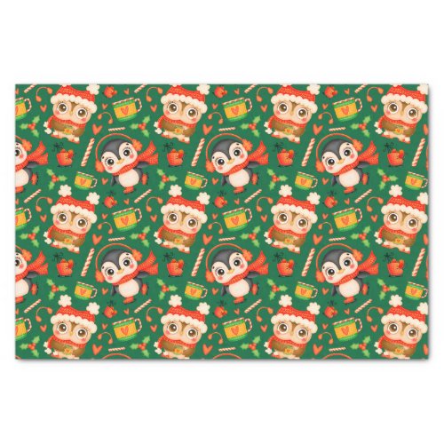 Christmas Owl and Penguin Festive Green  Tissue Paper