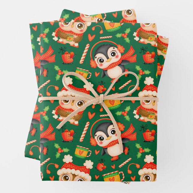 Christmas Owl and Penguin Festive Green  Wrapping Paper Sheets (In situ)