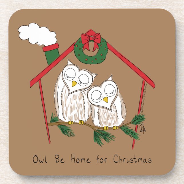 Christmas Owl Be Home Cute Beverage Coaster (Front)