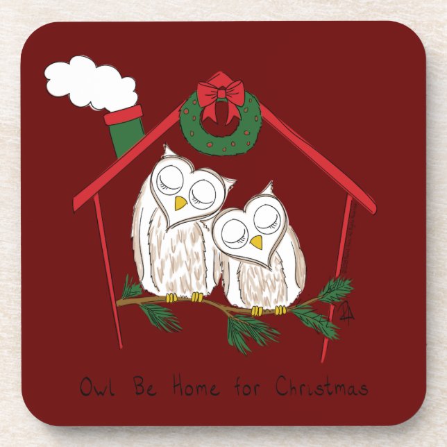 Christmas Owl Be Home Cute Beverage Coaster (Front)