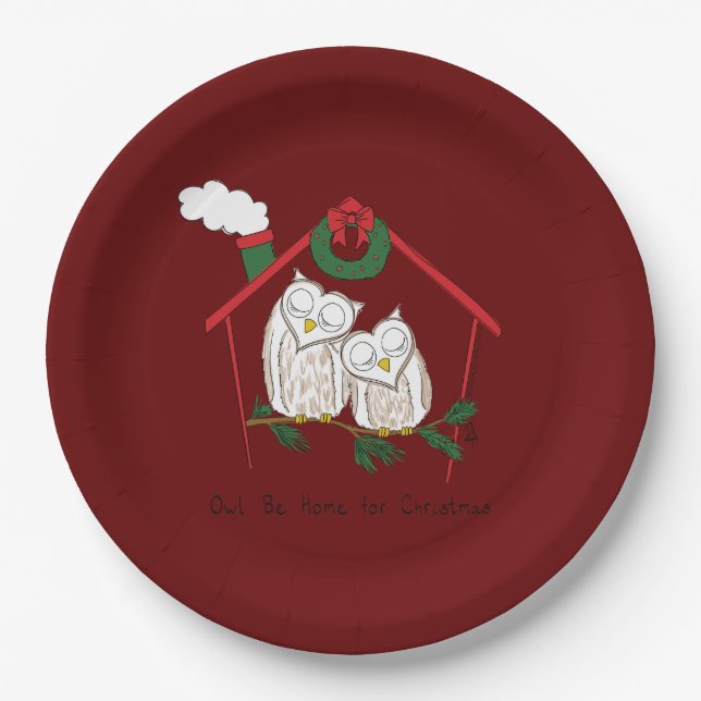 Christmas Owl Be Home Cute Paper Plates (Front)