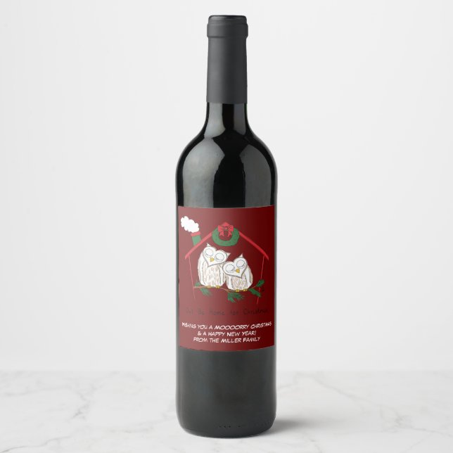 Christmas Owl Be Home Cute Wine Label (Front)