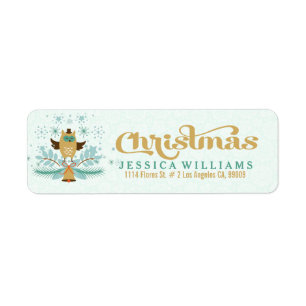 Christmas Owl, Bell And Wreath Design Label