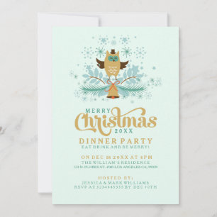 Christmas Owl, Bell And Wreath Dinner Invitation