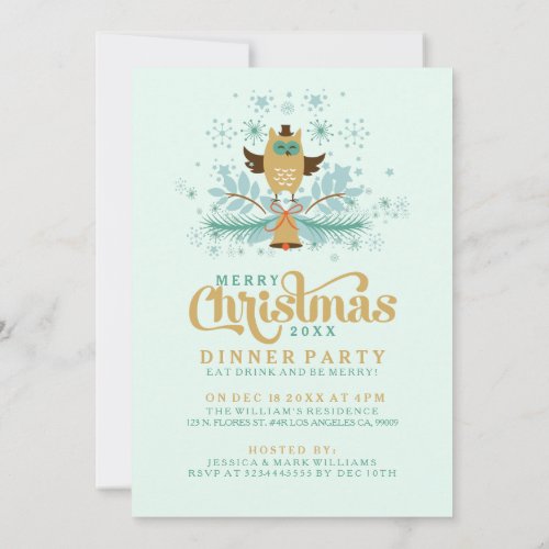 Christmas Owl Bell And Wreath Dinner Invitation