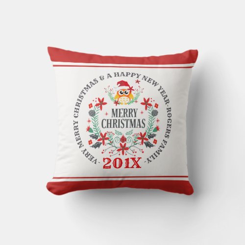 Christmas Owl Bouquet  Merry Christmas Typography Throw Pillow