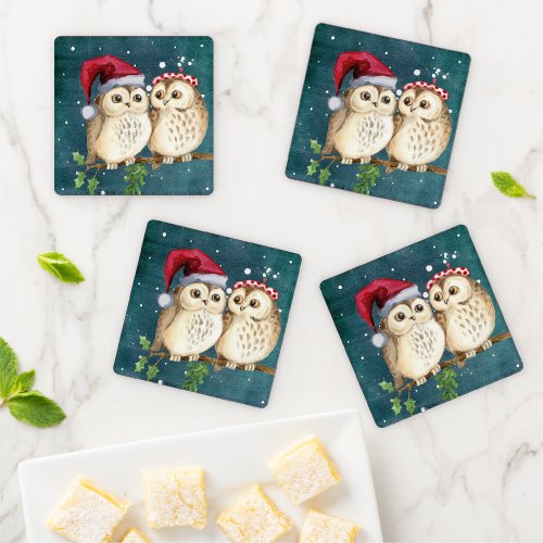 Christmas Owl Couple Coaster Set