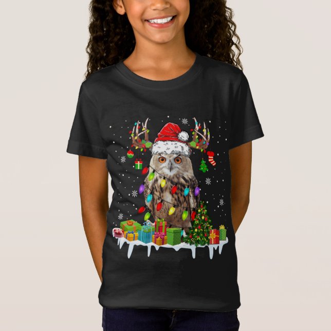 Christmas Owl Cute Christmas Lights Reindeer Santa T-Shirt (Front)