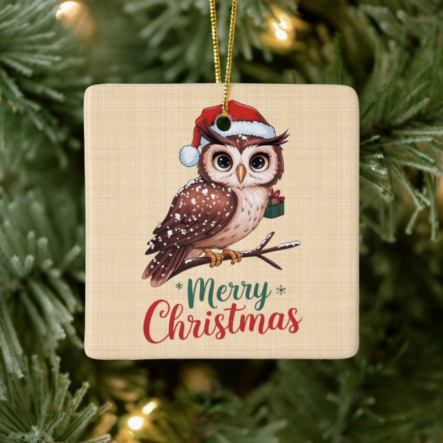 Christmas owl - Festive design Merry Christmas Ceramic Ornament (Tree)