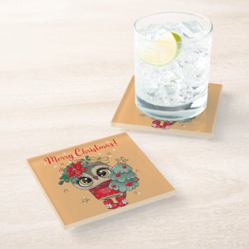 Christmas owl glass coaster