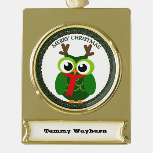 Christmas owl gold plated banner ornament