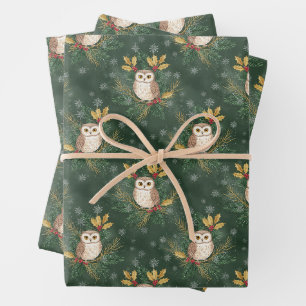 Christmas Owl, Holly Berry and Snowflakes Green Wrapping Paper Sheets