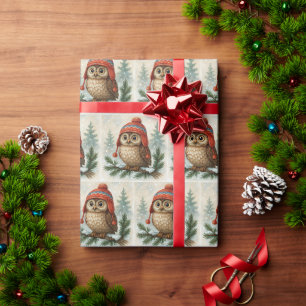Christmas Owl In a Winter Cap Wrapping Paper